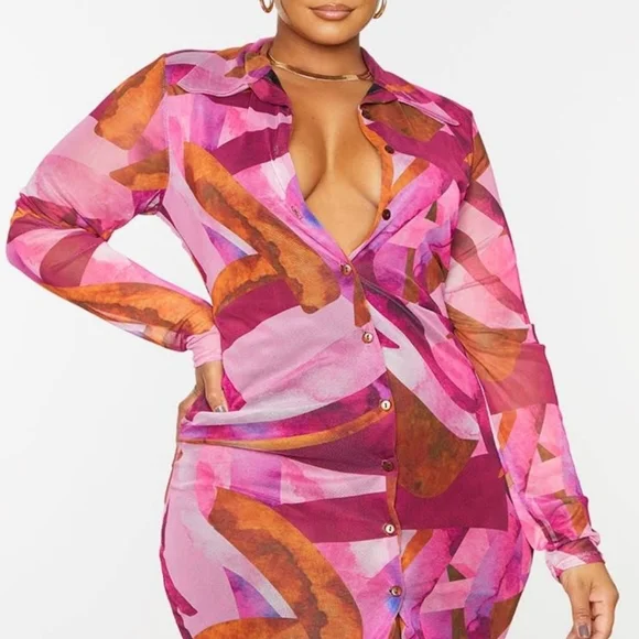 plus pink abstract mesh button down shirt dress Pretty Little Thing Abstract Mesh Button Down Shirt Dress 14
